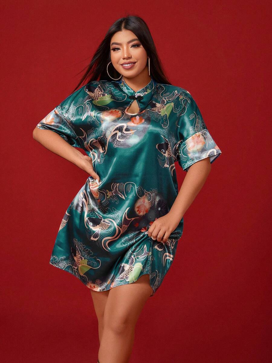 SHEIN Clasi 大碼旗袍領蝙蝠袖連衣裙 - 綠色 - 查看 1