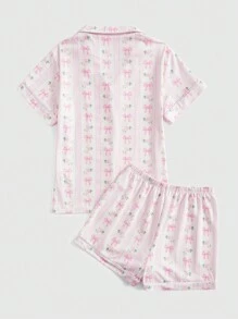 ROMWE Kawaii 复古风格蝴蝶结和花卉印花短袖上衣和短裤女式 Himekaji 睡衣套装，学校 - 彩色 - 查看 2