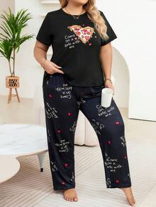 女性加大碼薄餅印花t恤和褲子睡衣套裝 - 黑色 - 查看 4