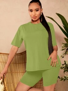 SHEIN SXY Của phụ nữ Chất rắn Đồ đan Ribbed Bộ - màu xanh lá - Xem 5