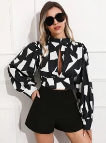 Aveloria Camisa De Manga Larga Hueca Con Estampado Completo Para Mujeres