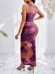 Zolique Tie Dye Allover Print Twist Knot Cutout Ruched Wrap Bodycon Dress - Purple - View 2