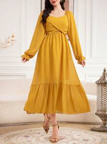 Seusyu Ladies' Cross Front Design Ruffle Sleeves Dress - Yellow - View 8