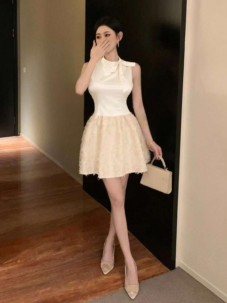 DAZY 女士无袖系带连衣裙，生日舞会礼服，吊带裙，正式女士连衣裙，优雅女士连衣裙 - 杏色 - 查看 6