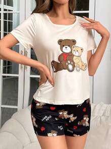 Cute Women's Knitted Bear Print Round Neck Regular Sleeve Pajama Set With Mini Shorts