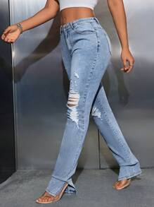 Women'S Distressed High Slit Hem Denim Pants - Blue - View 3