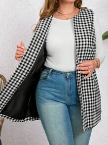 EMERY ROSE Women'S Plus Size Plaid Open Front Vest Coat - Black and White - View 4