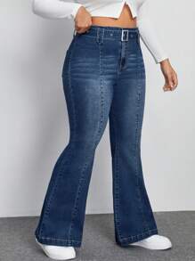 SHEIN EZwear Của phụ nữ Kích thước lớn Denim Quần loe - Màu xanh bụi bặm - Xem 5
