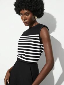 Maija Women'S Striped Patchwork Loose Fit Casual Tank Top - Black and White - View 4