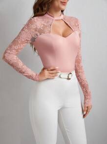 SHEIN Clasi قمة بأكمام طويلة وتفاصيل دانتيل، فارغة من الداخل للنساء - وردي مغبر - مشاهدة 4