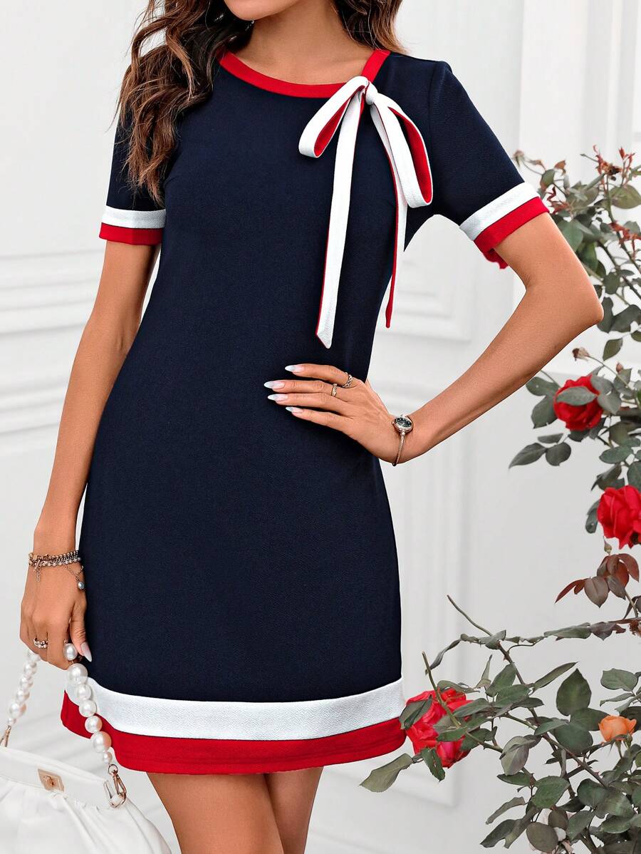 SHEIN Clasi 女款優雅海軍藍拼色緊身洋裝,夏季不對稱領花卉早午餐派對穿搭,婚禮賓客、休閒辦公與度假穿著 - 彩色 - 查看 1