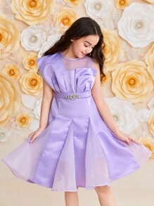 SHEIN Vestido sin mangas estilo vintage con cuello redondo y decoración de pedrería para niñas preadolescentes - Morado - Ver 6
