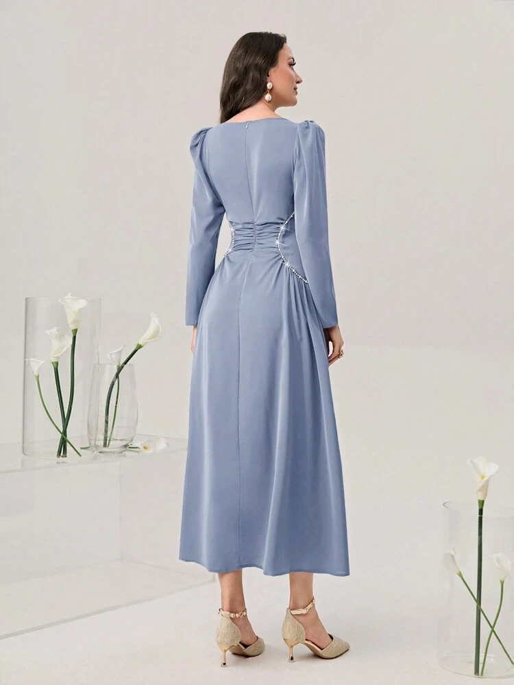 Sweetheart Neck Puff Sleeve Ruched Front Formal Dress Long Evening Dresses