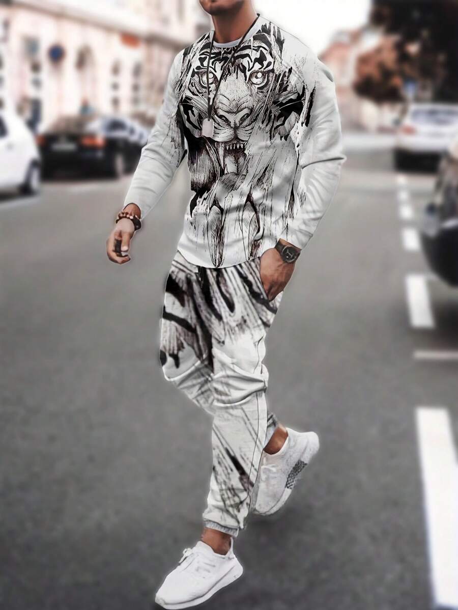 Manfinity LEGND Nam Nhuộm buộc Thú vật In Áo thun Và Quần Bộ - trắng - Xem 1