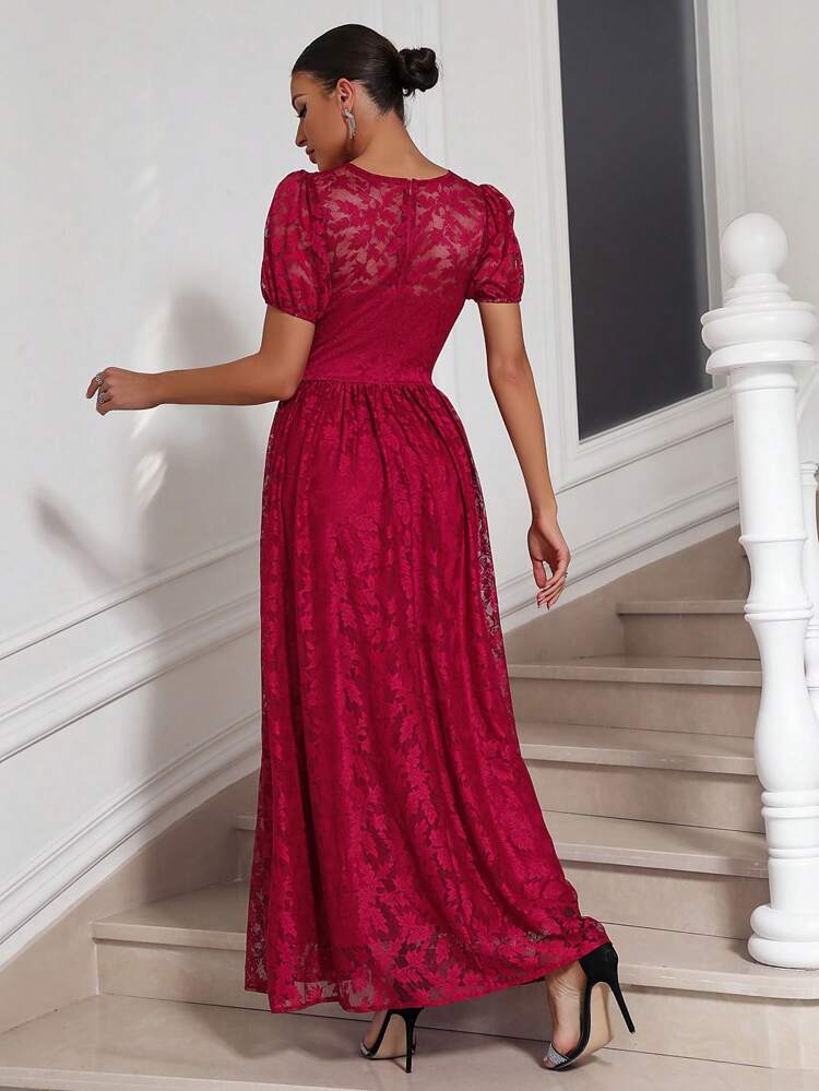 Burgundy Red Round Neck Puff Short Sleeve Belted Lace Flower Dress