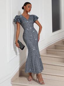SHEIN Belle Deep V-Neck Multi-Layer Ruffled Short Sleeve, Split Dress, Sequin Formal Dress Gown, Long - Dark Grey - View 4