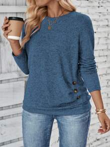 SHEIN LUNE Plus-Size Button Decor Long Sleeve T-Shirt - Blue - View 4