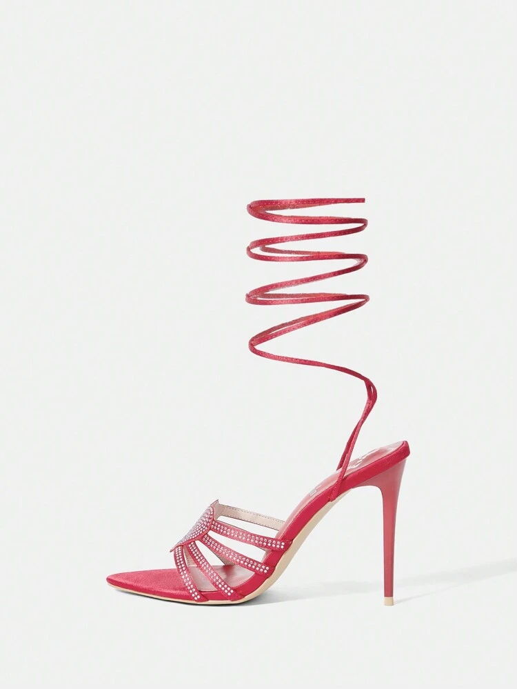 Women'S Red Pointed Toe High Heel Sandals With Shiny Rhinestone Buckle Straps