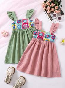 SHEIN 夏季年轻女孩格纹印花钩针细节两件套吊带连衣裙套装 - 彩色 - 查看 1