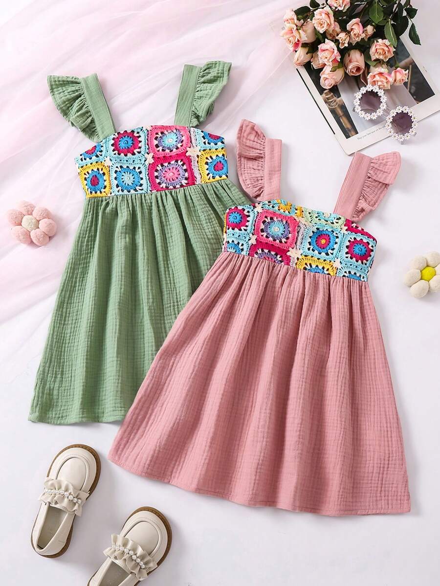 SHEIN 夏季年轻女孩格纹印花钩针细节两件套吊带连衣裙套装 - 彩色 - 查看 1