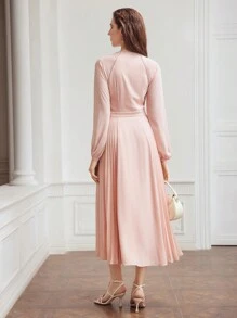 MOTF PREMIUM WOMEN'S WEAVE SOLID COLOR SPLICED PLEATED DRESS,SUMMER OUTFITS - Pink - View 3