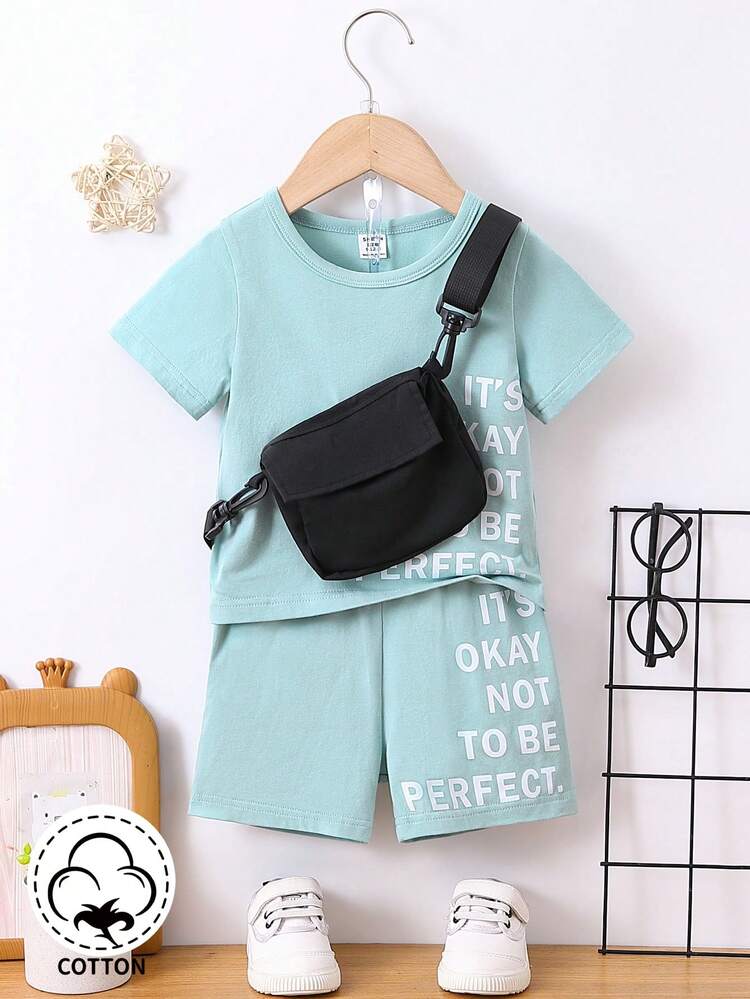 Baby Boy Letter Print Short Sleeve T-Shirt And Shorts Set With Shoulder Bag For Streetwear Fashion