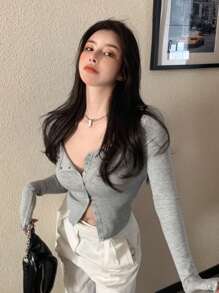 Solid Snap Button Front Slim Tee - Light Grey - View 3