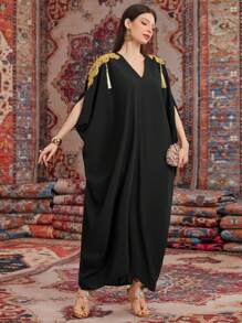 Al Najma Kaftán Con Apliques Bordados Y Decorado Con Borlas - Negro - Ver 6