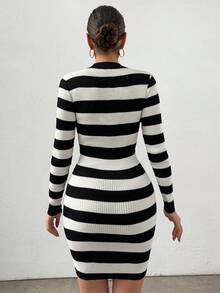 Women's Striped Long Sleeve Zip-Up Half Placket Fitted Casual Knit Dress - Black and White - View 2
