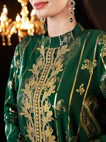 Al Najma 女士烫金印花刺绣荷叶边长款 Jalabiya 连衣裙，优雅晚会礼服