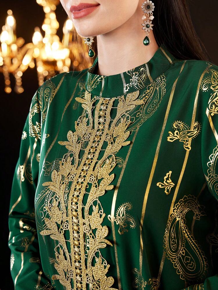 Women'S Gold-Stamped Printing Embroidery Ruffled Trim Maxi Jalabiya Dress, Elegant Evening Party Dress