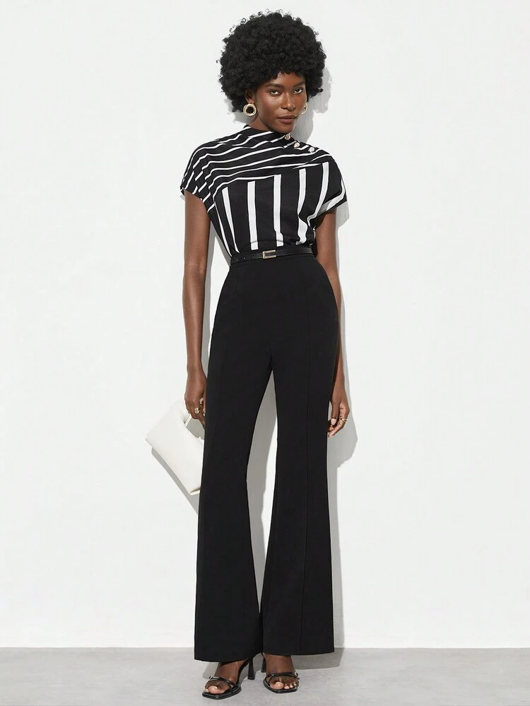 SHEIN Maija 2026 Spring & Summer Women's Striped Stand Collar Blouse, Suitable For Wedding Guest, Host, Date, Party, Concert, Brunch, Airport, Multi-Occasion Women Easter Summer Easter Women Party Top Beach Summer Holiday Beach Vacation Summer Going Out Graduation Casual Blouses For Women Elegant Women's Blouses Casual Blouse For Women Formal Attire For Women Office Wear Women Business