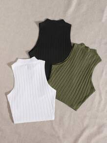 SHEIN EZwear 夏季純色肋條針織休閒圓領背心 - 軍綠色 - 查看 2