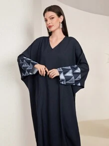 Al Najma Women's Geometric Printed V-Neck Kaftan With Patchwork Design - Navy Blue - View 6