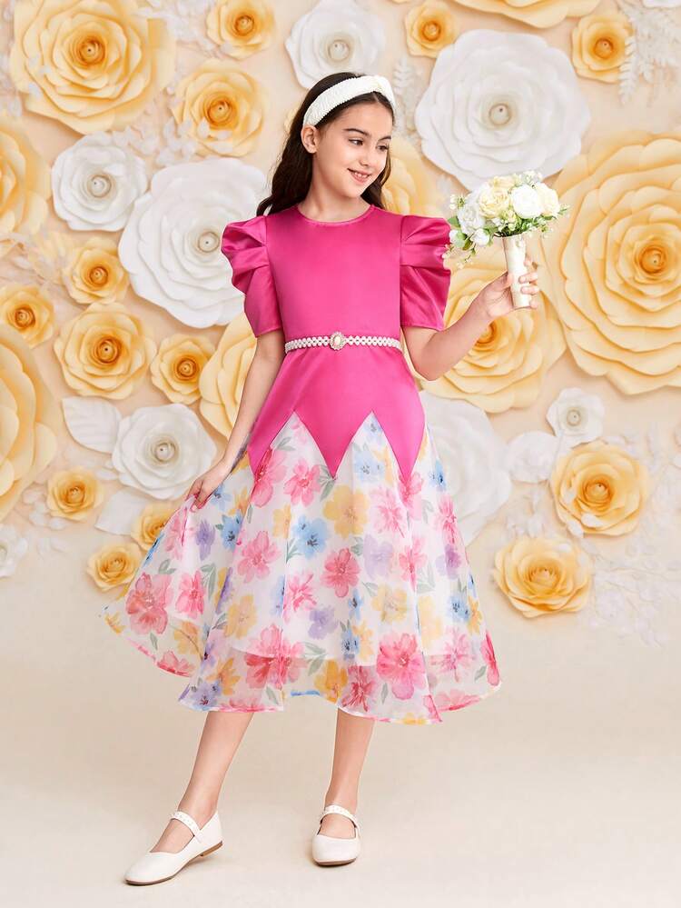 Tween Girls' Floral Printed Patchwork Round Neck Gigot Sleeve Dress