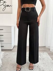 EURMUSE Plus Size Belt Detailed Elegant Solid Color Pant - Black - View 4