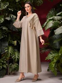 Al Najma Women's Splice V-Neck Tassel Detail Modest Long Sleeve Arabian Dress, Kaftan