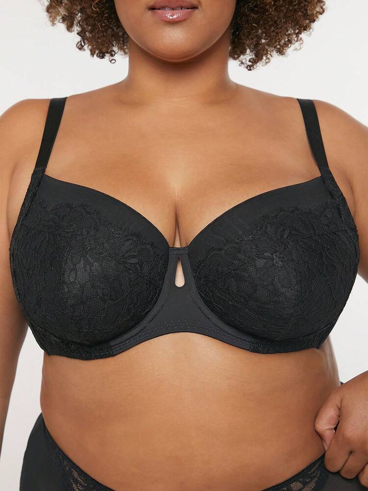 Plus Black Sexy Lingerie Full Coverage Unline Push-Up Floral Lace Elegance Breezy Comfort Minimizer Bra