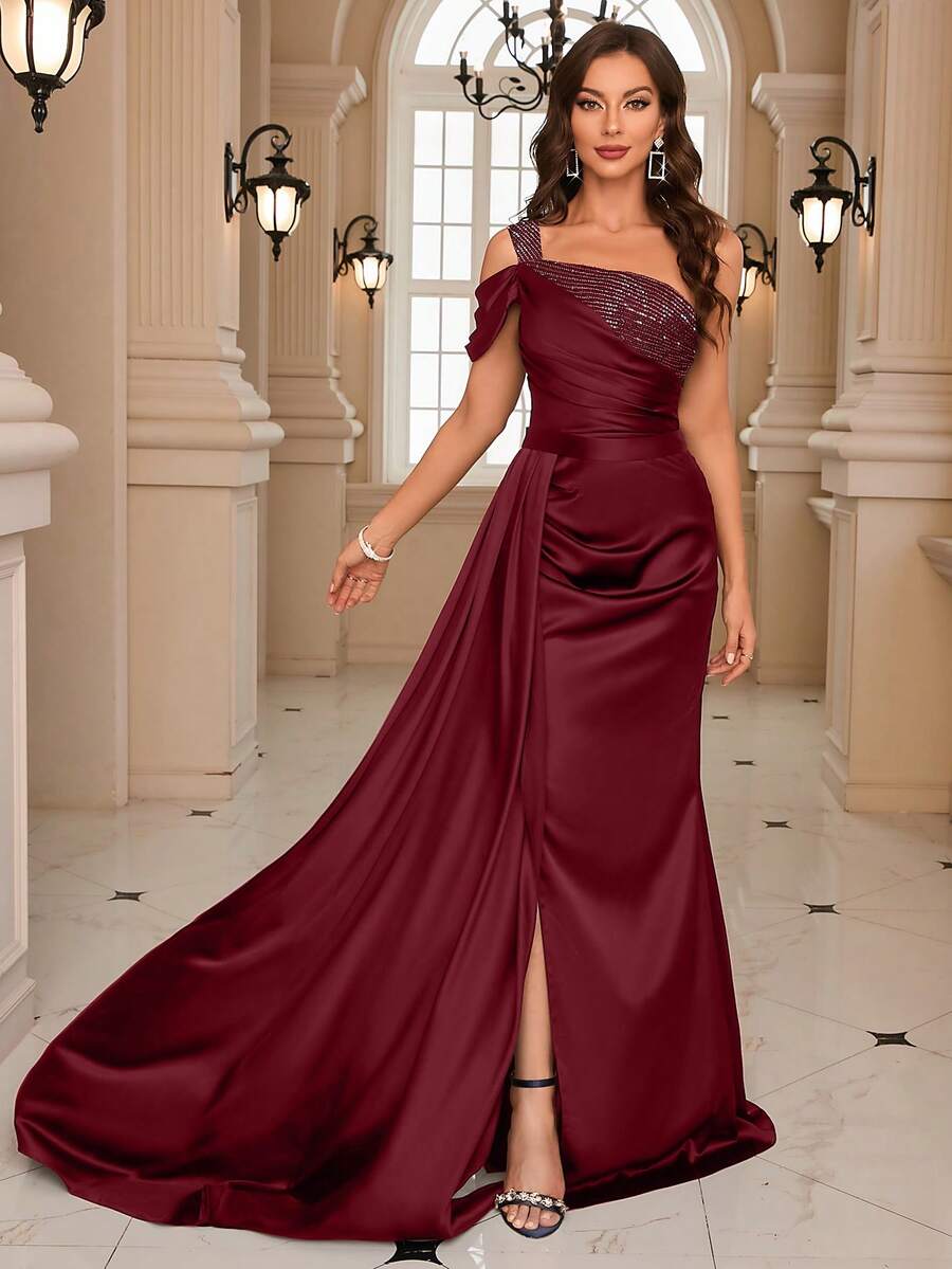 单肩及地缎面正式晚礼服