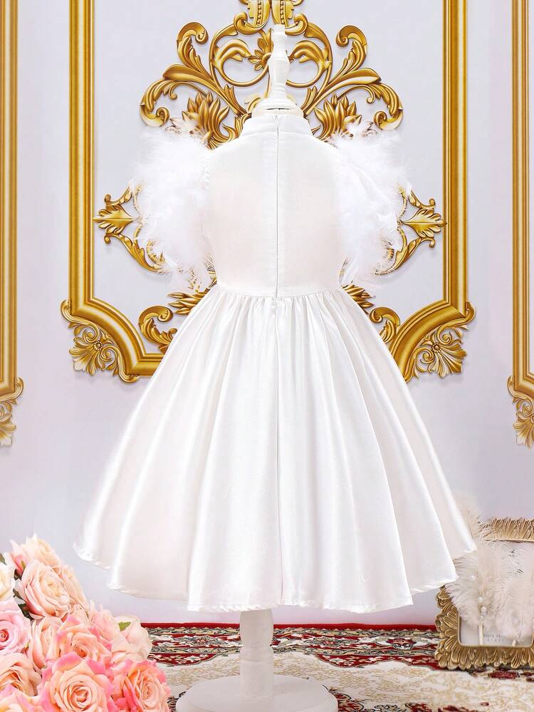 Young Girl Color Block Geometric Ribbon Detail Stand Collar Dress