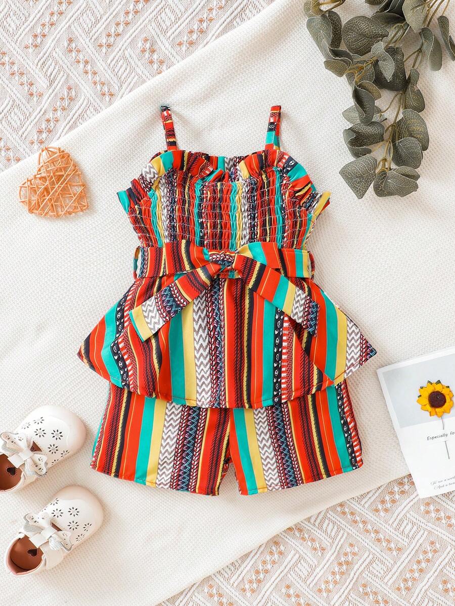 Baby Girl's Elegant Striped Beachwear Shirred Sleeveless Romper - Multicolor - View 1