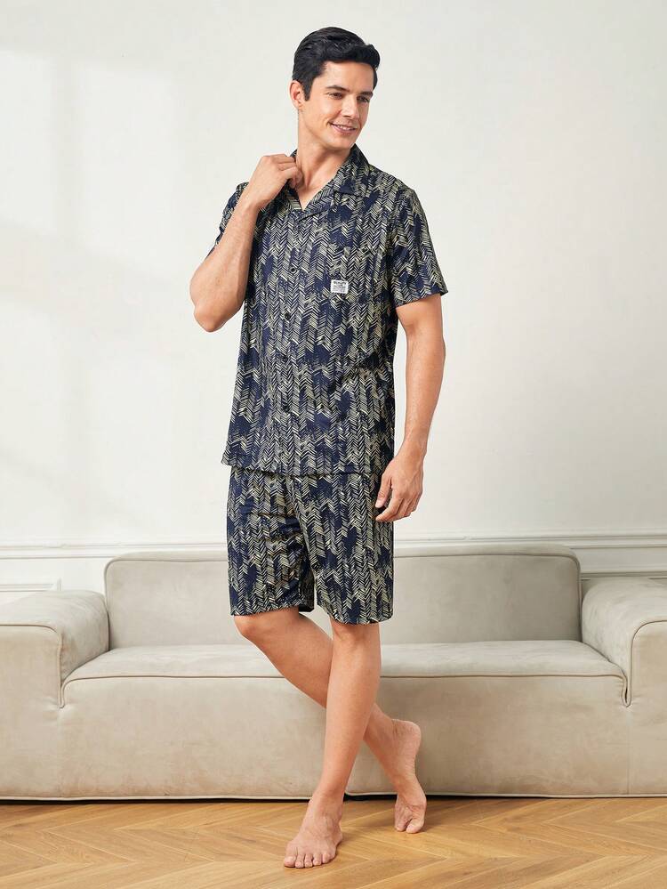 Men's Asymmetrical Printed Short Sleeve Shirt Collar Shorts Set For Home Wear