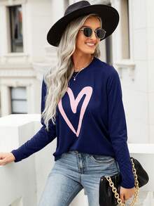 SHEIN LUNE Tim In Tay áo dài Áo thun - Xanh đậm - Xem 5