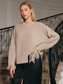 Anewsta Women's Fringe Batwing Sleeve Pullover Knit Pullover Fall Winter Sweater - Khaki - View 1