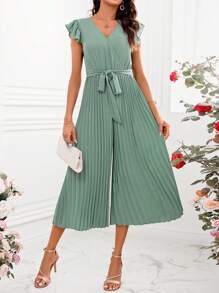 SHEIN Clasi Women'S Solid Color Short Flutter Sleeve Jumpsuit With Pleated Hem - Green - View 7