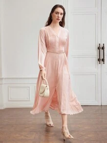 MOTF PREMIUM WOMEN'S WEAVE SOLID COLOR SPLICED PLEATED DRESS,SUMMER OUTFITS - Pink - View 7