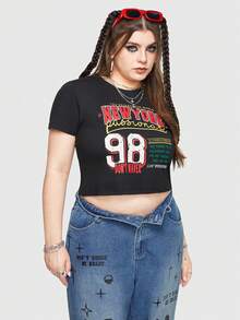 ROMWE Street Life Plus Size Sporty Slogan Print Tight Crop Top - Black - View 3