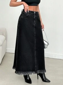 EURMUSE Ladies' Solid Color Frayed Casual Denim Skirt - Blue - View 4