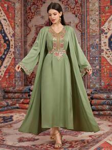 Al Najma Flower Embellished Flared Sleeve Abaya Robe And Dress - Green - View 4