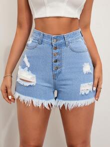 SHEIN EZwear Ladies' Denim Shorts With Frayed Edges And Destroyed Design - Light Wash - View 3